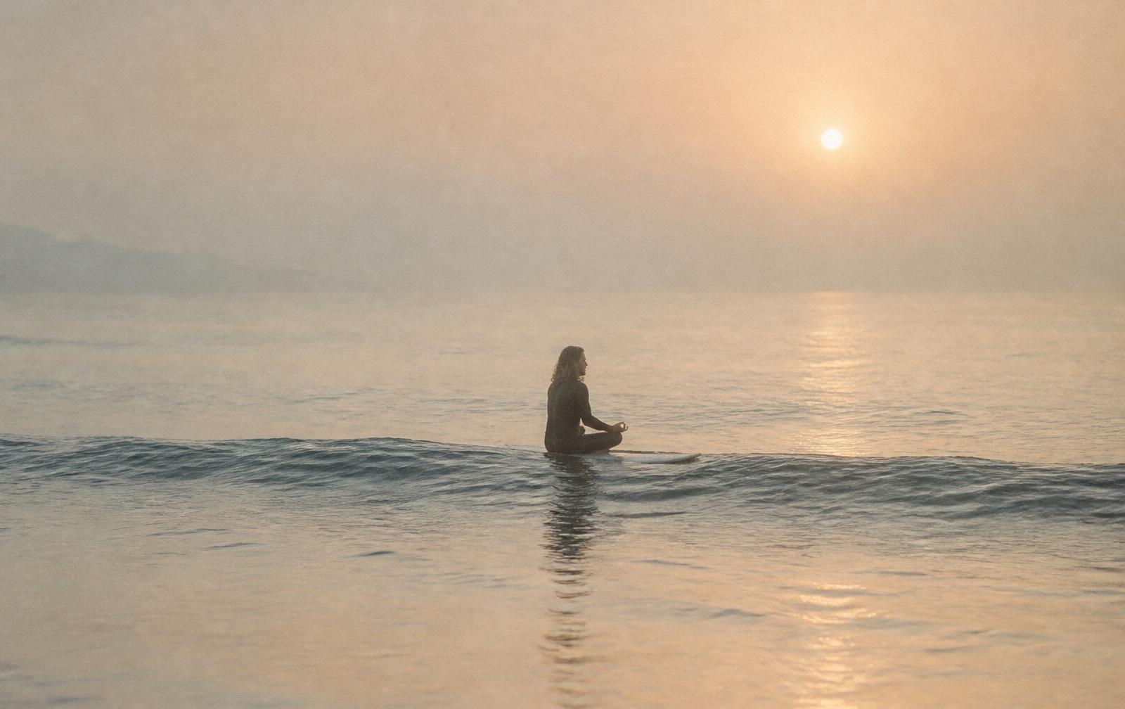 Surfista in posizione meditativa su un'onda al tramonto